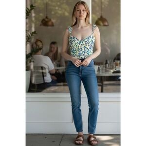 ✨Kendall + Kylie Women Indigo Tropical Leaf Print Ruffle Cropped Tank Sz XL Top✨